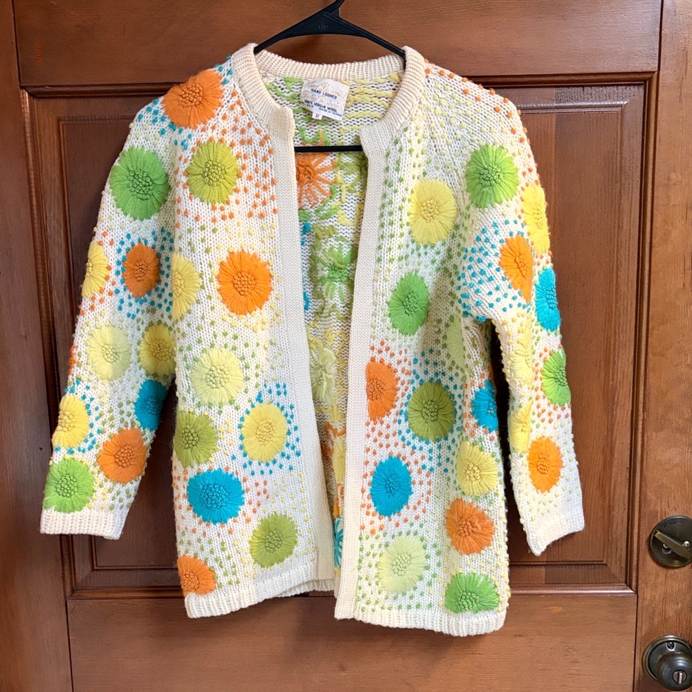 Fully Fashioned Vibrant Polka Dot Women's 100% Virgin Wool Cardigan Size Medium